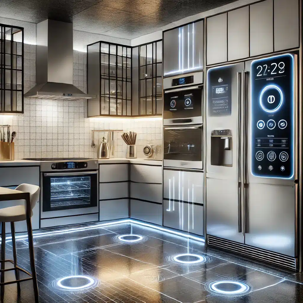DALL·E .. A high tech modern kitchen featuring smart appliances. The scene includes a refrigerator with a digital screen a smart oven with touch controls and