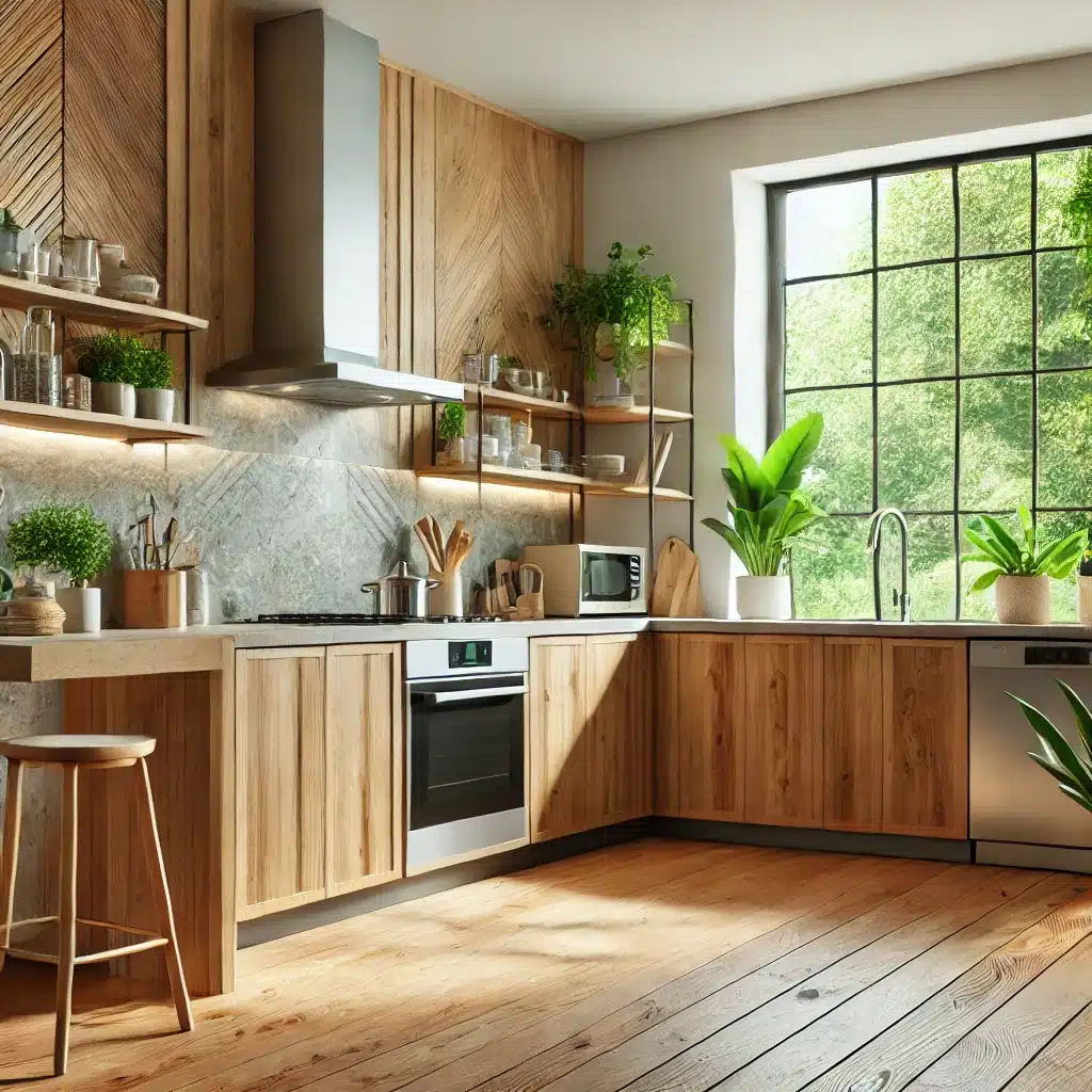 DALL·E .. A sustainable kitchen with eco friendly materials. The scene features wooden cabinets made from certified wood a recycled stone countertop and energ