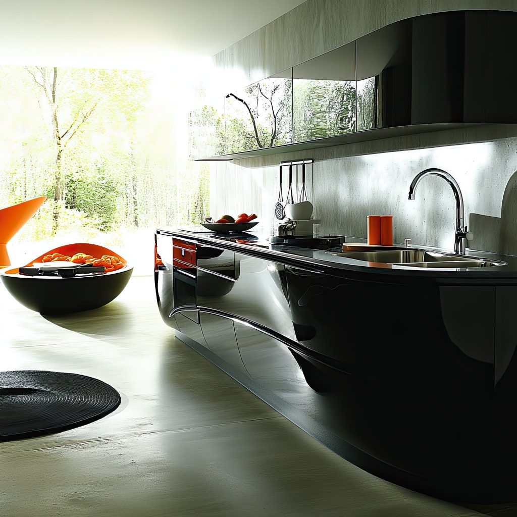 cocina negra moderna con armarios elegantes y muebles contemporaneos en un espacio brillante x