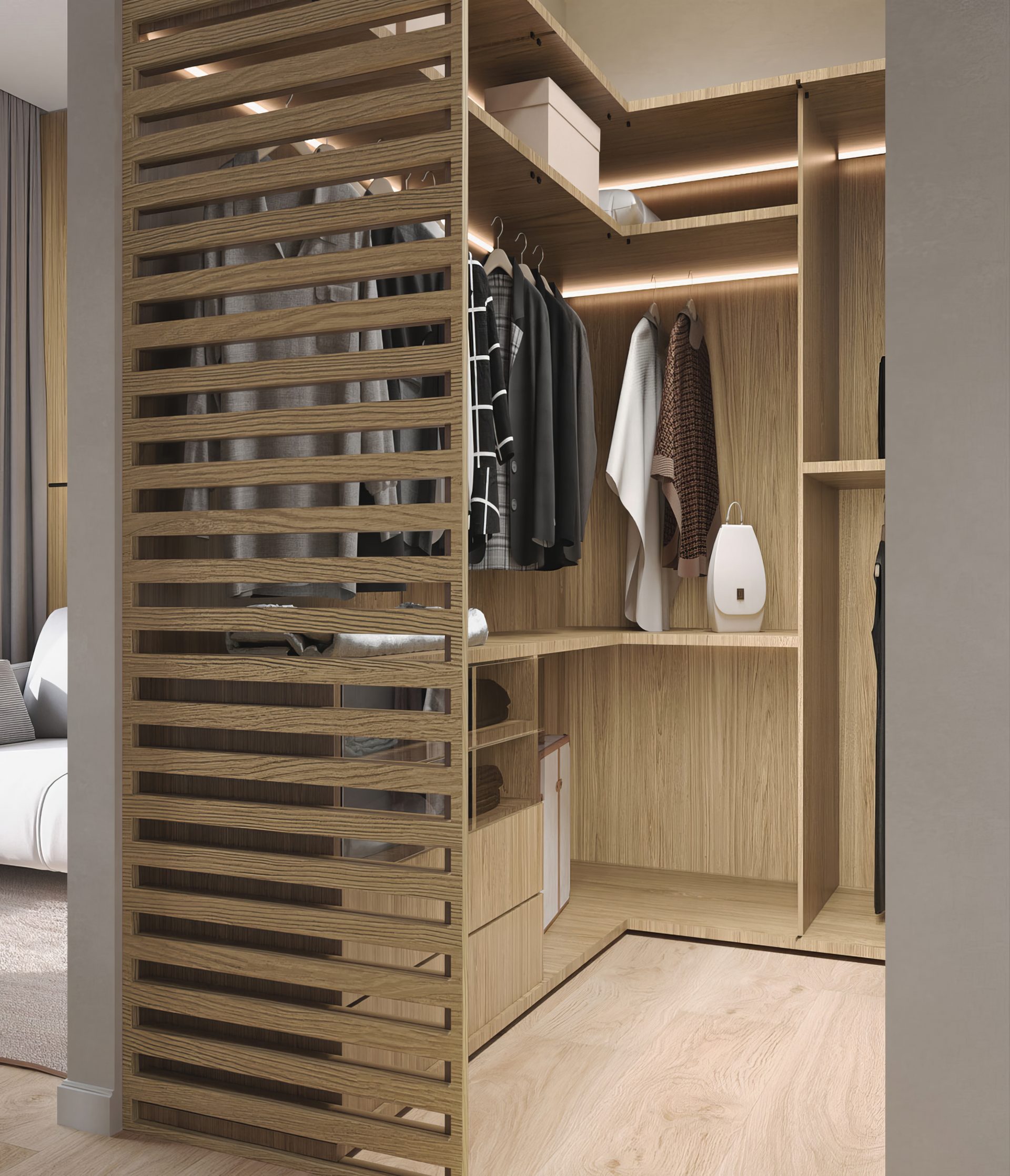 armario moderno con pared de pizarra de madera y estanterias abiertas x