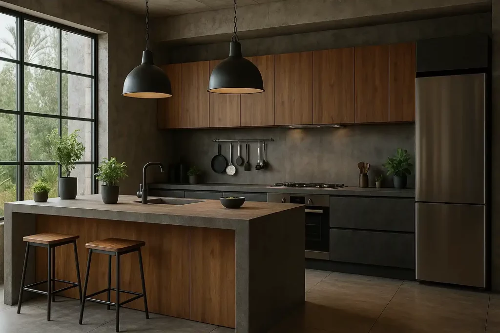 cocina industrial en color madera oscura