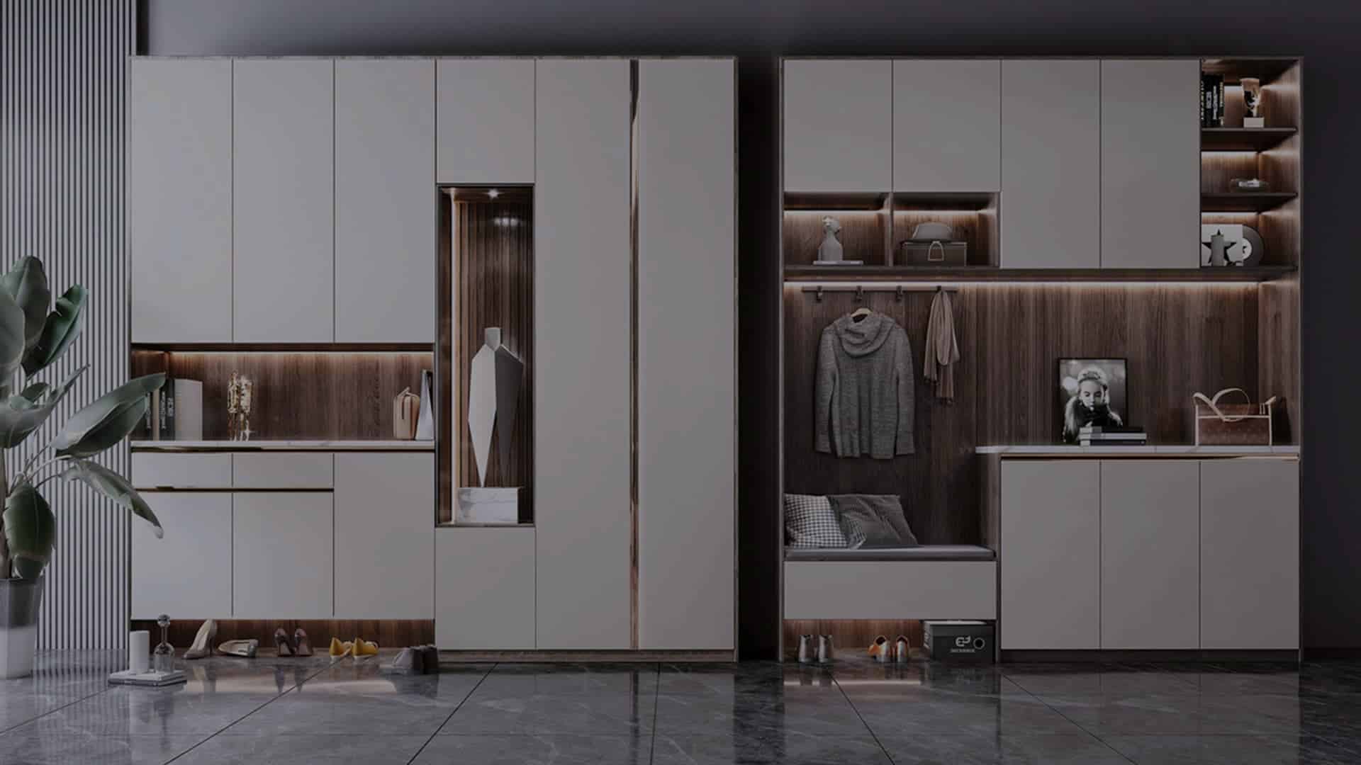Armarios con puertas lisas y módulos abiertos con iluminación interior
