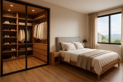 habitación con vestidor junto a la cama con puerta de cristal corredera