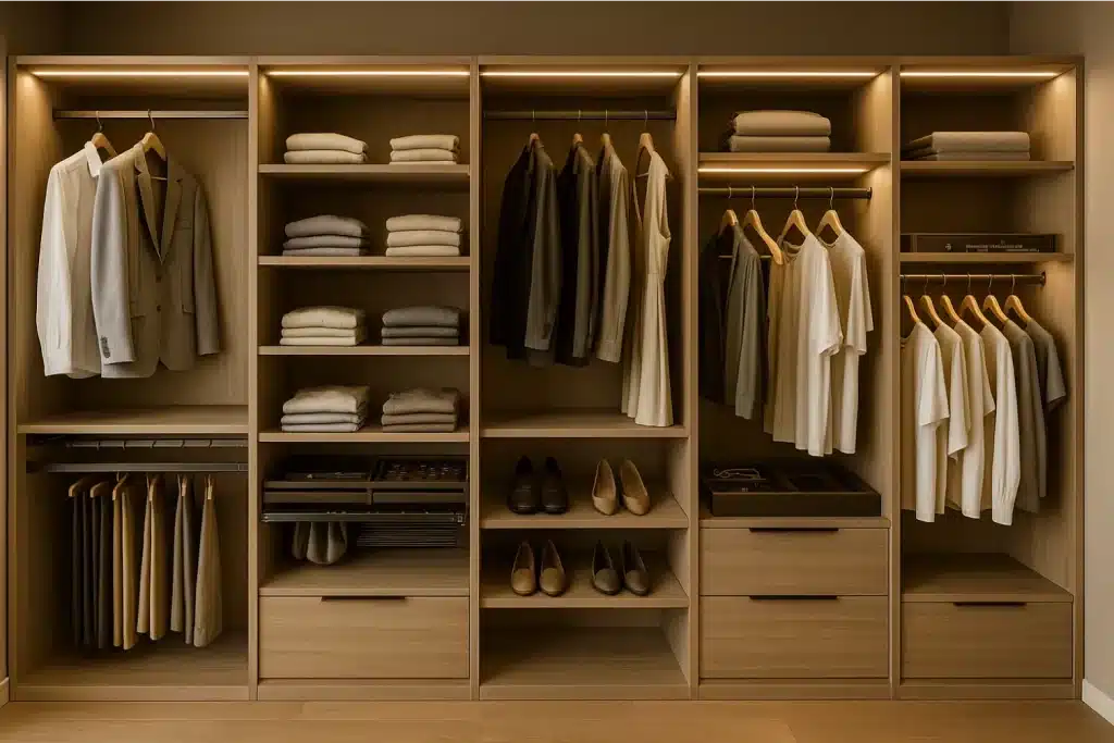 organizacion de interior de armario por departamentos color madera cálido