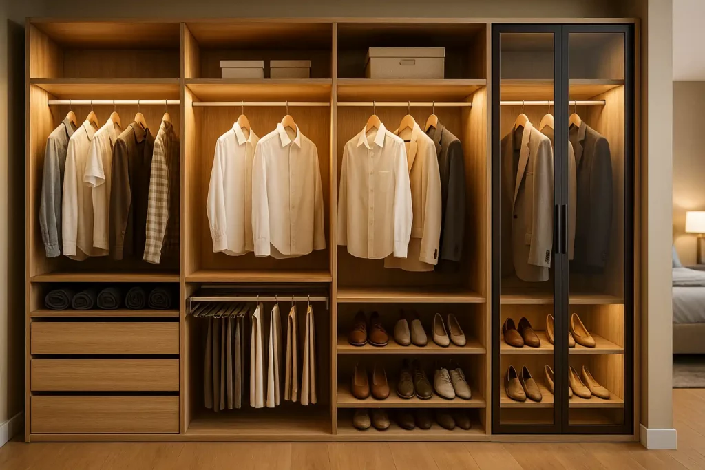 interior de armario y organización con luz cálida indirecta